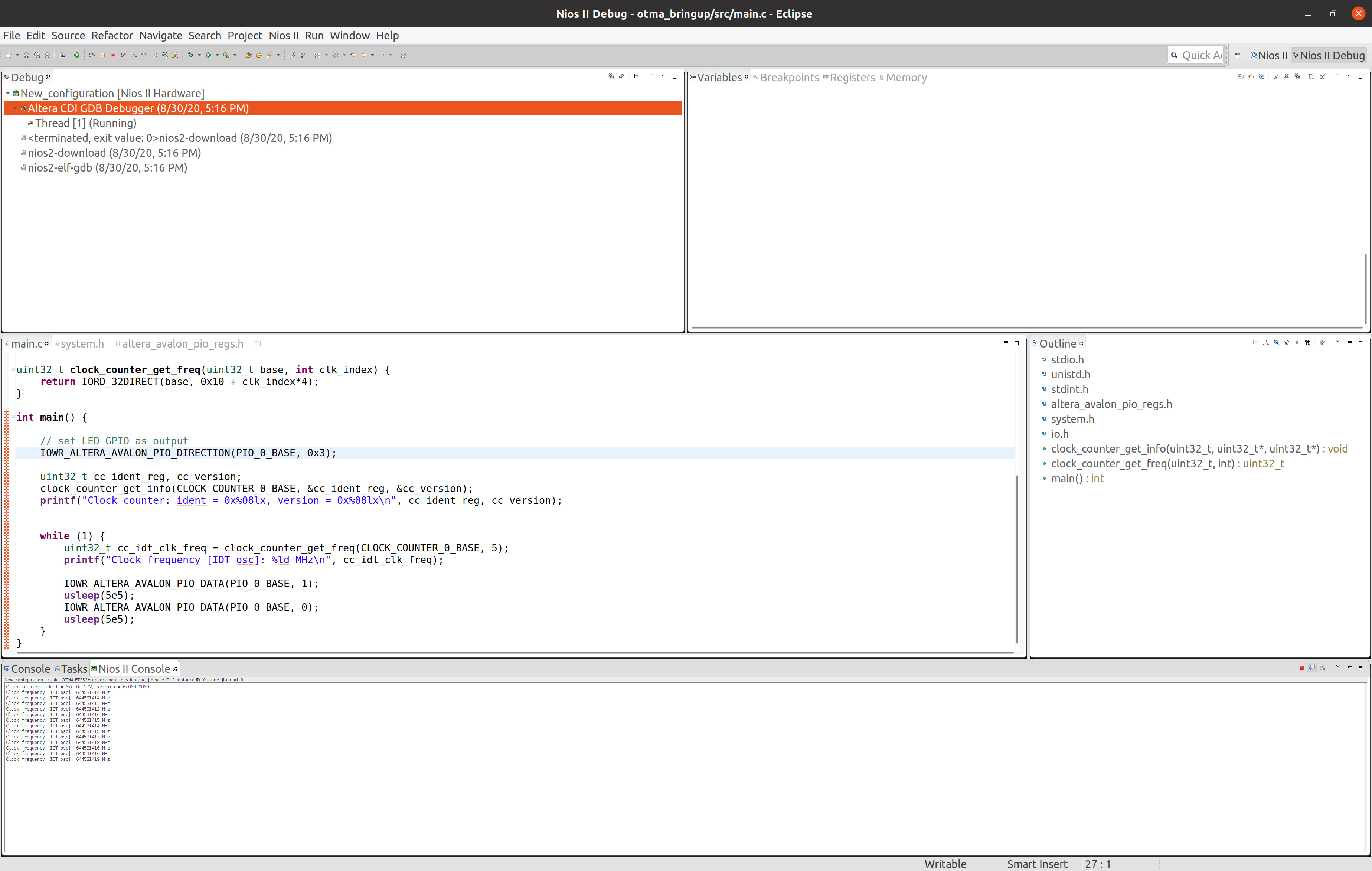 A program being debugged over Nios II debugger over the on-board FT232H
